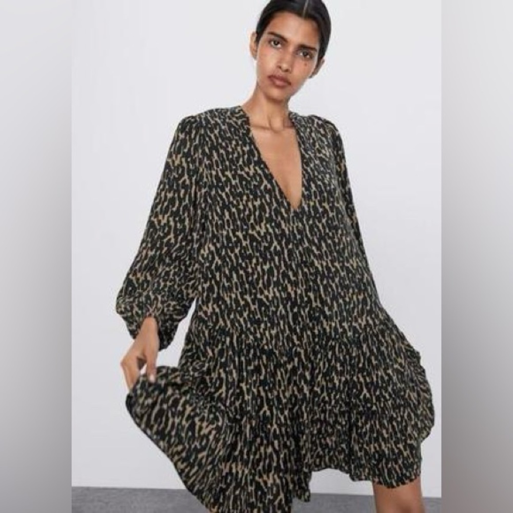 Zara Flowy Abstract Animal Print Baddie Long Sleeve V Neck Peasant Mini Dress S